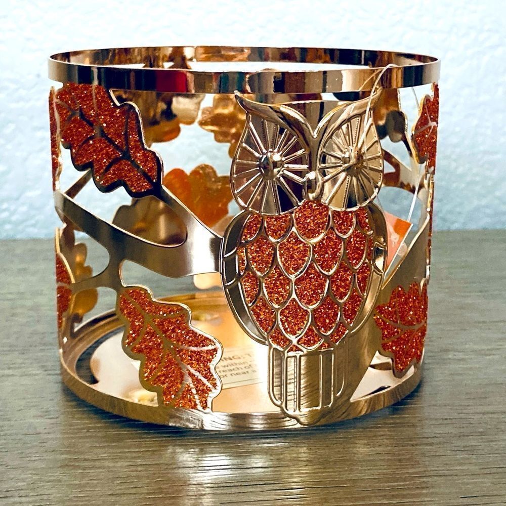 Fall Owl Glittering Gold Metal Candle Holder Sleeve